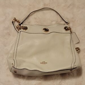 Coach Edie Turnlock Cream Leather Shoulder Bag with Gold Accents